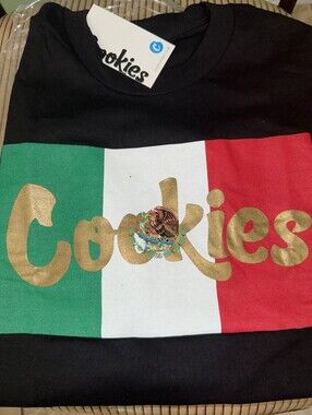 Men's Large Cookies Sf Black Tee with Gold Logo and Mexican Flag Accent